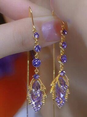 Purple Zircon Tassel Drop Earrings Women Golden‑Line Wedding Jewelry